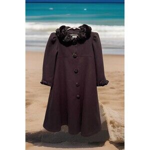 Kate Mack Black Embellished Roses Fleece Long Swing Coat Removable Collar Girl 5